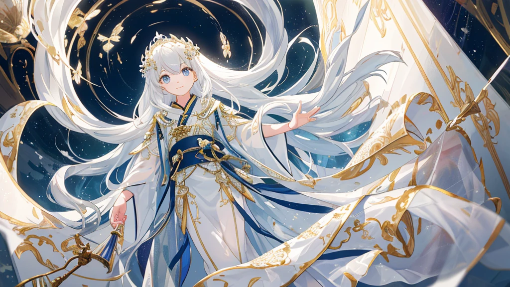 daughter，white bathtub，Dinastia Song Hanfu，see-through sleeves，Raise your hair，he used to smile，moonligh，Full body like，White Fan Gradient Long Hair，Messy hair，Film Angle，floating，（beautiful detailed eyes），（Detailed lighting），cinematic lighting，beautiful detailed sky，（1ガール），（cabelo longo e branco），glowing light eyes，（Lighting particle），（painting of a），rich colors，sparkling，thawed