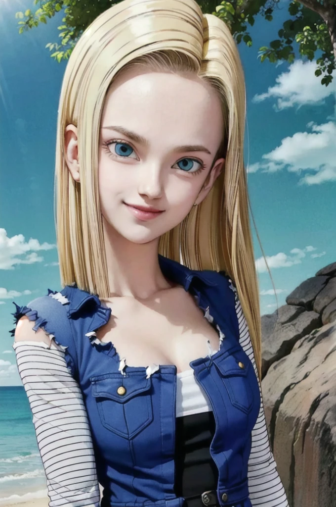 android 18,blonde hair, Long Straight hair, blue eyes, vest, black shirt, long sleeves, denim jacket, looking at viewer, smile Face, close up portrait, outside, beach, ocean, blue sky, trees, rocks, high quality, masterpiece,  sexy body, perfect breasts, slightly torn shirt on the chest