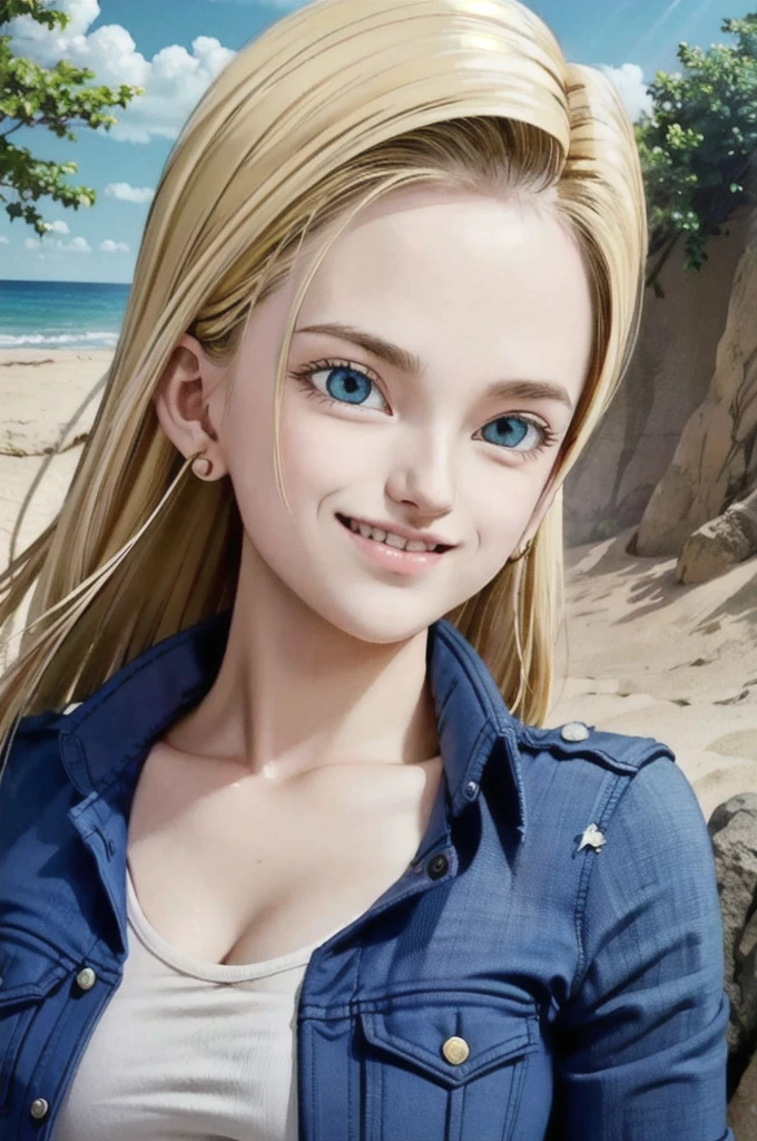 android 18,blonde hair, Long Straight hair, blue eyes, vest, black shirt, long sleeves, denim jacket, looking at viewer, smile Face, close up portrait, outside, beach, ocean, blue sky, trees, rocks, high quality, masterpiece,  sexy body, perfect breasts, slightly torn shirt on the chest