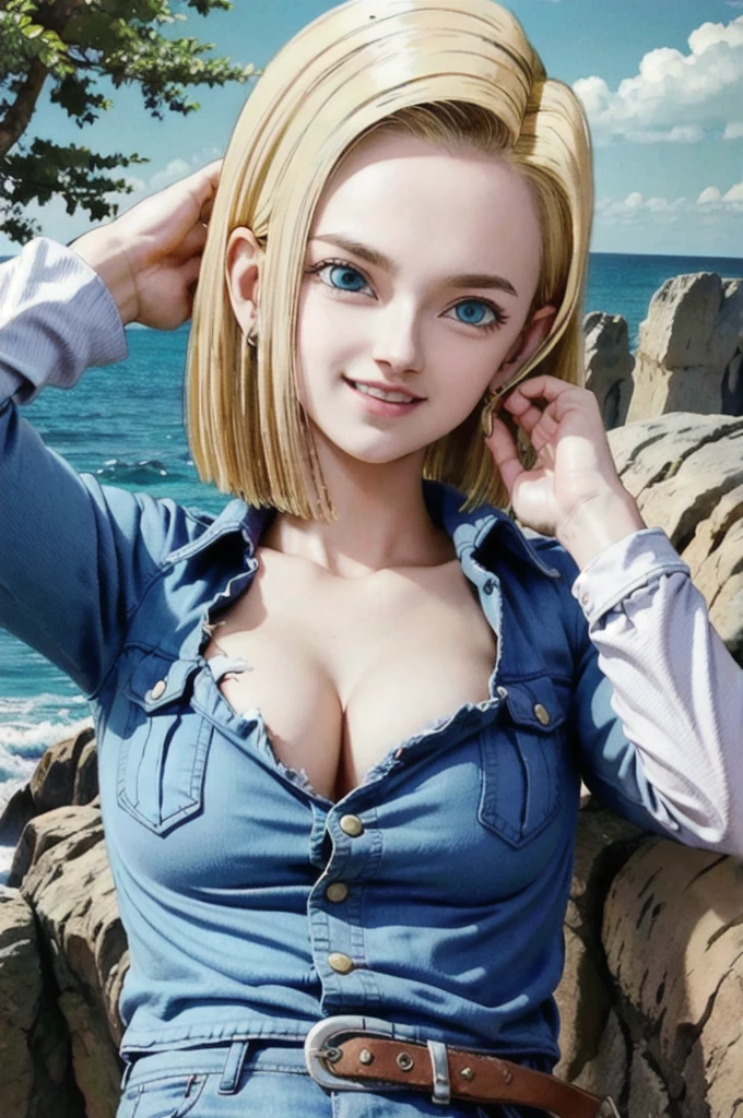 android 18,blonde hair, Long Straight hair, blue eyes, vest, black shirt, long sleeves, denim jacket, looking at viewer, smile Face, close up portrait, outside, beach, ocean, blue sky, trees, rocks, high quality, masterpiece,  sexy body, perfect breasts, slightly torn shirt on the chest