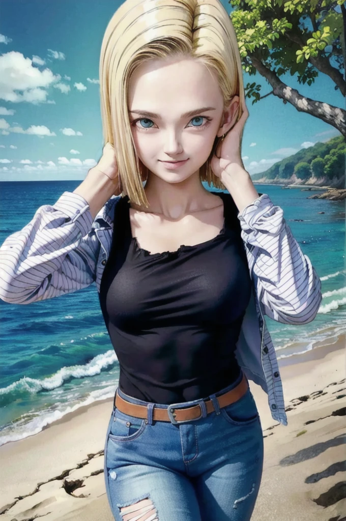 android 18,blonde hair, Long Straight hair, blue eyes, vest, black shirt, long sleeves, denim jacket, looking at viewer, smile Face, close up portrait, outside, beach, ocean, blue sky, trees, rocks, high quality, masterpiece,  sexy body, perfect breasts, slightly torn shirt on the chest