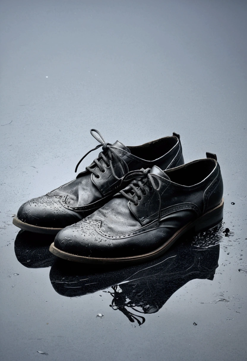 wet black leather shoes with no human model in gray background and very old and ugly destroyed by the harsh elements in 4k quality image