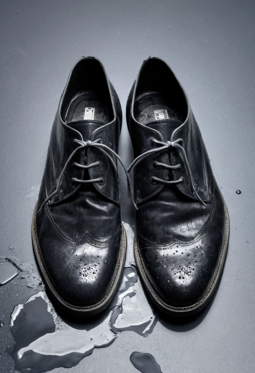 wet black leather shoes with no human model in gray background and very old and ugly destroyed by the harsh elements in 4k quality image