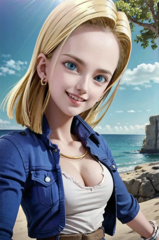 android 18,blonde hair, Long Straight hair, blue eyes, vest, black shirt, long sleeves, denim jacket, looking at viewer, smile Face, close up portrait, outside, beach, ocean, blue sky, trees, rocks, high quality, masterpiece,  sexy body, perfect breasts, slightly torn shirt on the chest