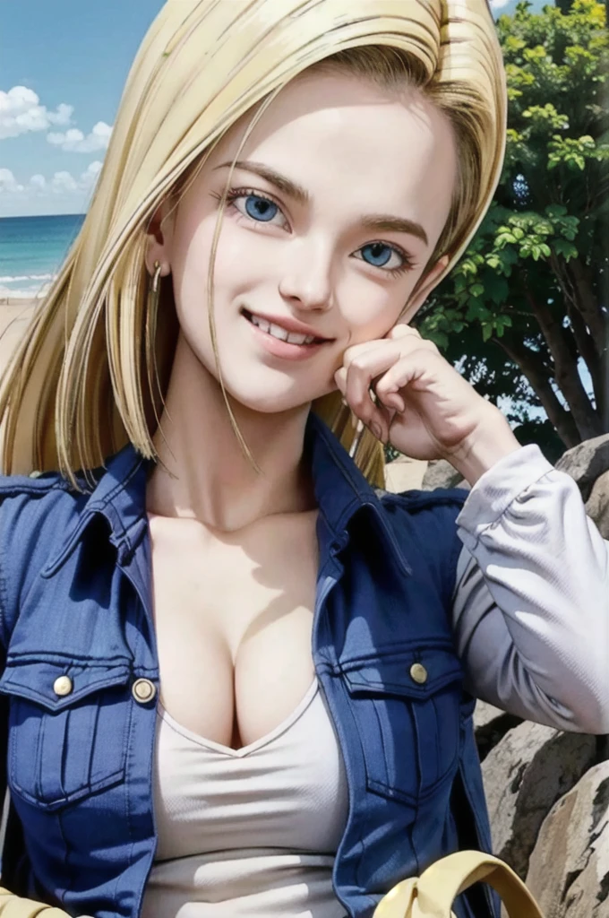 android 18,blonde hair, Long Straight hair, blue eyes, vest, black shirt, long sleeves, denim jacket, looking at viewer, smile Face, close up portrait, outside, beach, ocean, blue sky, trees, rocks, high quality, masterpiece,  sexy body, perfect breasts, slightly torn shirt on the chest