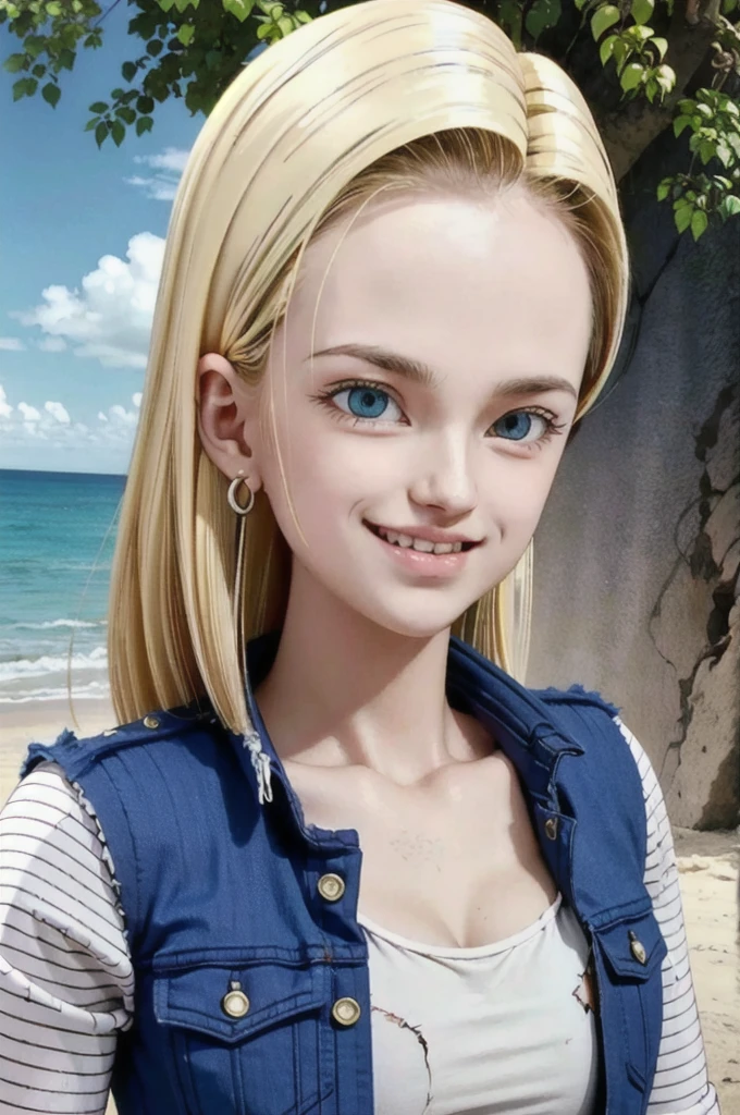 android 18,blonde hair, Long Straight hair, blue eyes, vest, black shirt, long sleeves, denim jacket, looking at viewer, smile Face, close up portrait, outside, beach, ocean, blue sky, trees, rocks, high quality, masterpiece,  sexy body, perfect breasts, slightly torn shirt on the chest