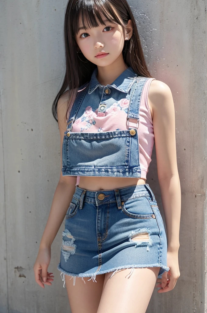 Android18、Denim micro mini skirt、A large silver shield with a floral pattern is worn on the left arm.、Baby Face、15 years old、Pink Panties