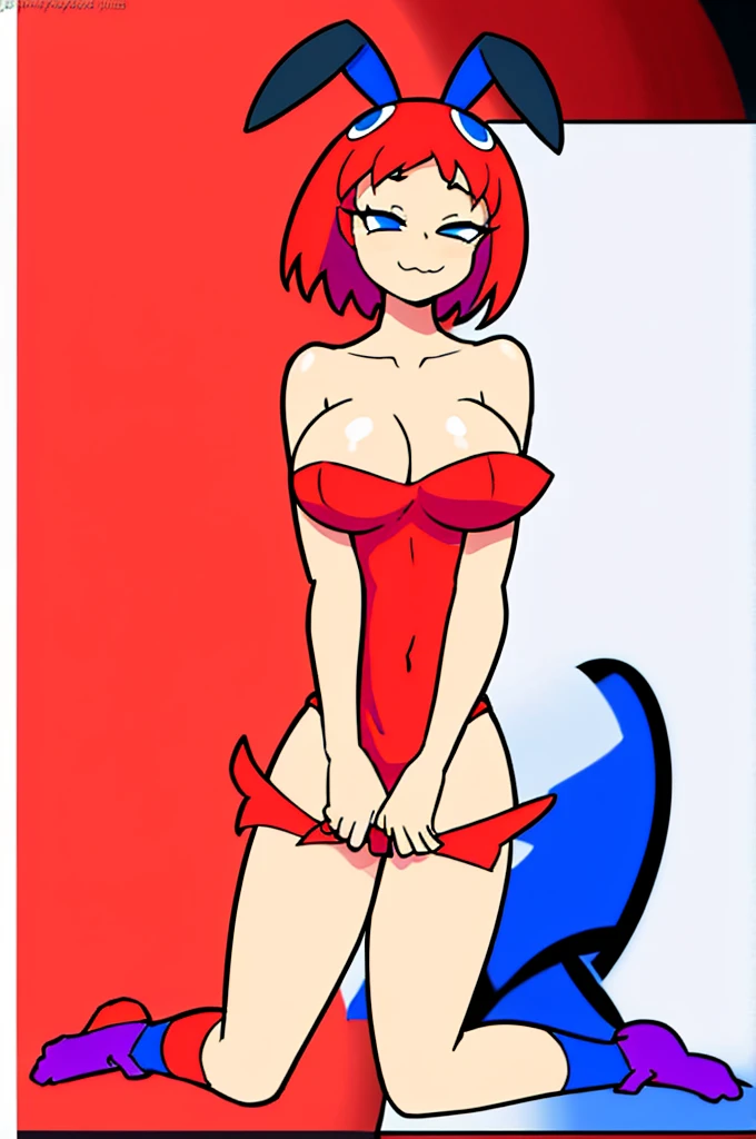 [less8 Pacman ghost], ((masterpiece)), ((High Definition)), ((high quality)), ((detailed shading)), ((beautiful rendering art)), ((solo portrait)), ((Whole body)), ((Front view)), ((intricate details)) , kneeling, in a strip club,playboy bunny, Red suit ,socks negras, socks . , blue eyes, Red hair, , short hair, big breasts, shoes, red shoes, defined neckline,(Blue socks), human,hair ornament, white rabbit tail, Alone, looking at the viewer, very sensual, blushing, mischievous smile, shy pose
