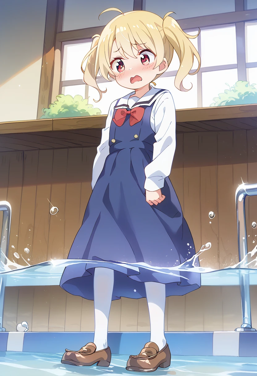 score_9, score_8_up, score_7_up, source_アニメ, masterpiece, 1girl, work, , blue dress, sailor dress, pinafore dress, white sailor collar,white shirt, red bowtie, long sleeves, flat chest, white pantyhose, loafers, indoors, shiny hair, cuteポーズ, (Completely flooded)、((The skirt spreads over the water surface.))、(Drowning), Immersed in water、Transparent pool, Water Play, Primary school students、Skirt fully open、Long wide skirt、cute、blush、Watery eye、Lots of water、Wet