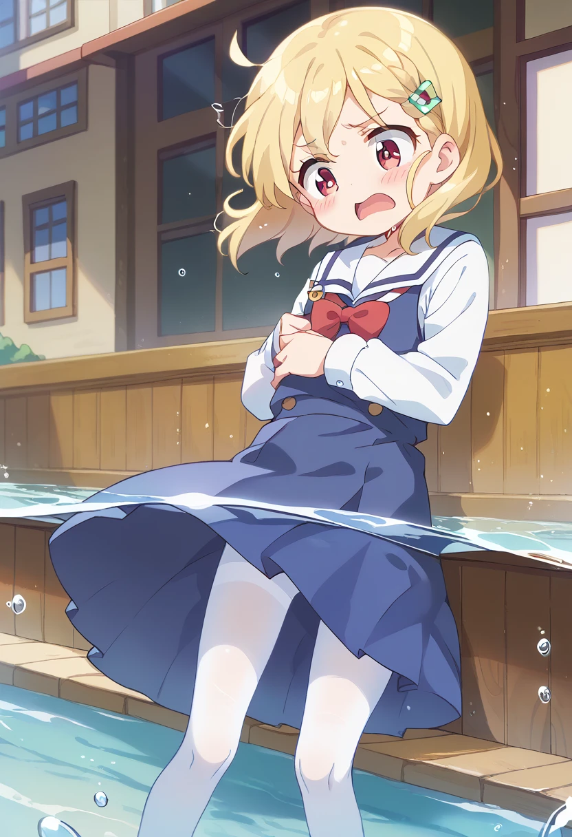 score_9, score_8_up, score_7_up, source_アニメ, masterpiece, 1girl, work, , blue dress, sailor dress, pinafore dress, white sailor collar,white shirt, red bowtie, long sleeves, flat chest, white pantyhose, loafers, indoors, shiny hair, cuteポーズ, (Completely flooded)、((The skirt spreads over the water surface.))、(Drowning), Immersed in water、Transparent pool, Water Play, Primary school students、Skirt fully open、Long wide skirt、cute、blush、Watery eye、Lots of water、Wet