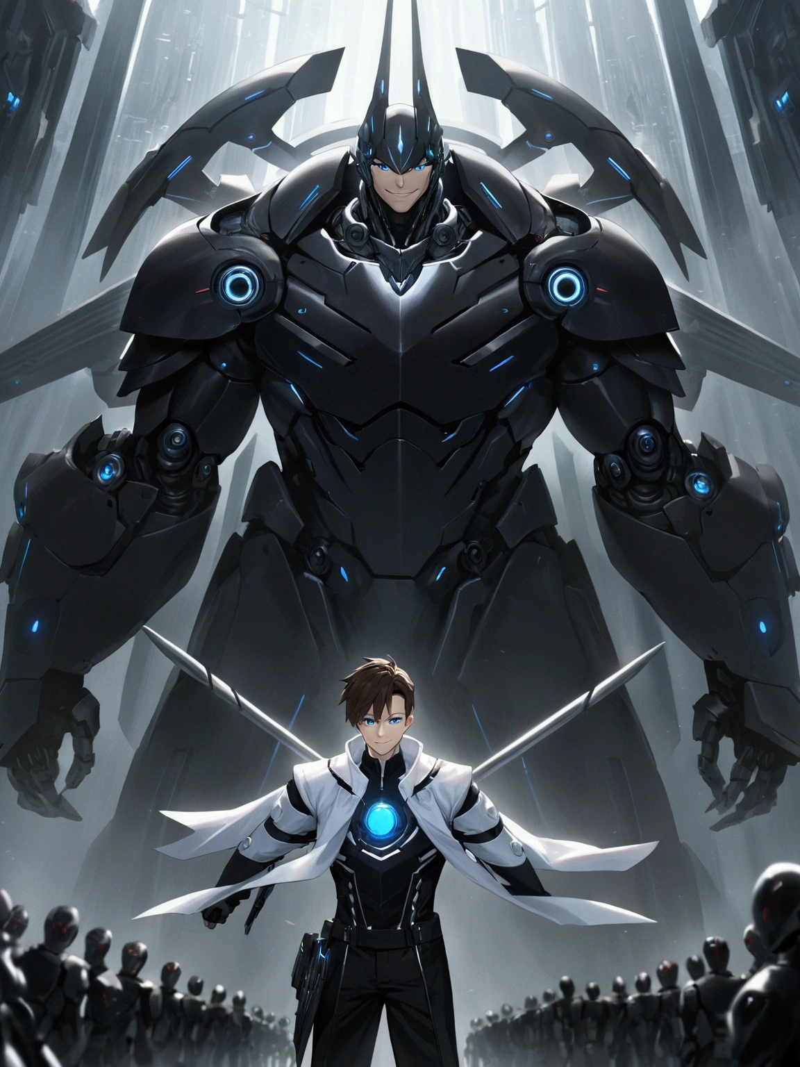 ((masterpiece)), ((best quality)), (from front, facing front), (cyber, war robot, massive), 1man, adult man, solo, black skin, human head, long brown hair, blue eyes, solid white robot armor, smiling, hyper-detailed, metallic sheen, futuristic, mechanical, striking, powerful, awe-inspiring, moody, atmospheric