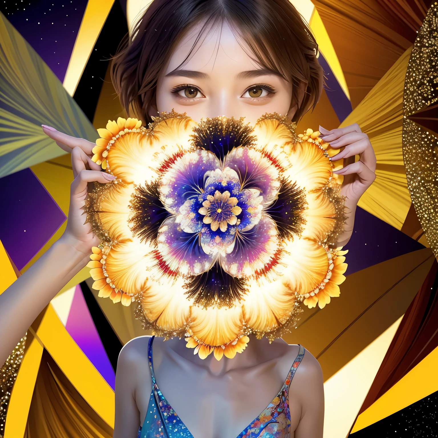 257 20-year-old female, (short hair),(Abstract background,Fractal Art), smile, flower