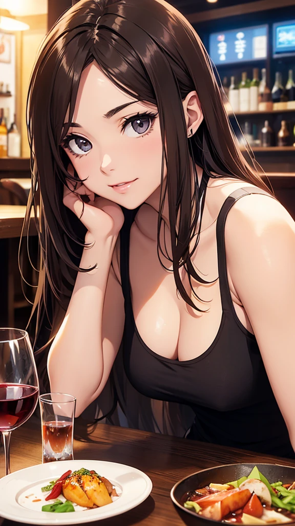 Gal、Wearing a tank top、restaurant、Drinking wine、Close-up of face、Staring at me、laughing、Her hair is brown.、Around 25 years old、Anime style illustrations