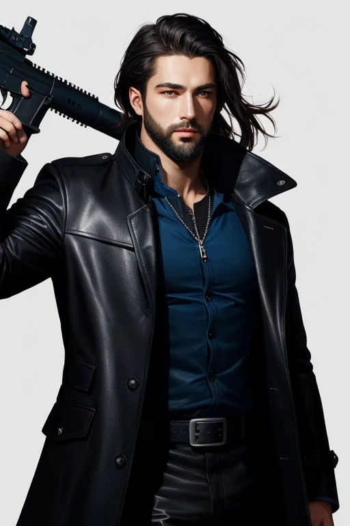 A Former Police Officer,Black shoulder length hair, unshaven beard, blue colored eyes, athlete physique, wearing black clothes and a black leather overcoat, holding an M4A1 assault rifle. fantasy theme, illustration digital, comic style, arte de GrandFailure de IStockPhoto.featuring, Anatomi, centred, approaching perfection, dynamic pose, dynamic, highy detailed, ultradetailed, art station, conceptual artwork, Soft, sharp focus, illustration, 8k