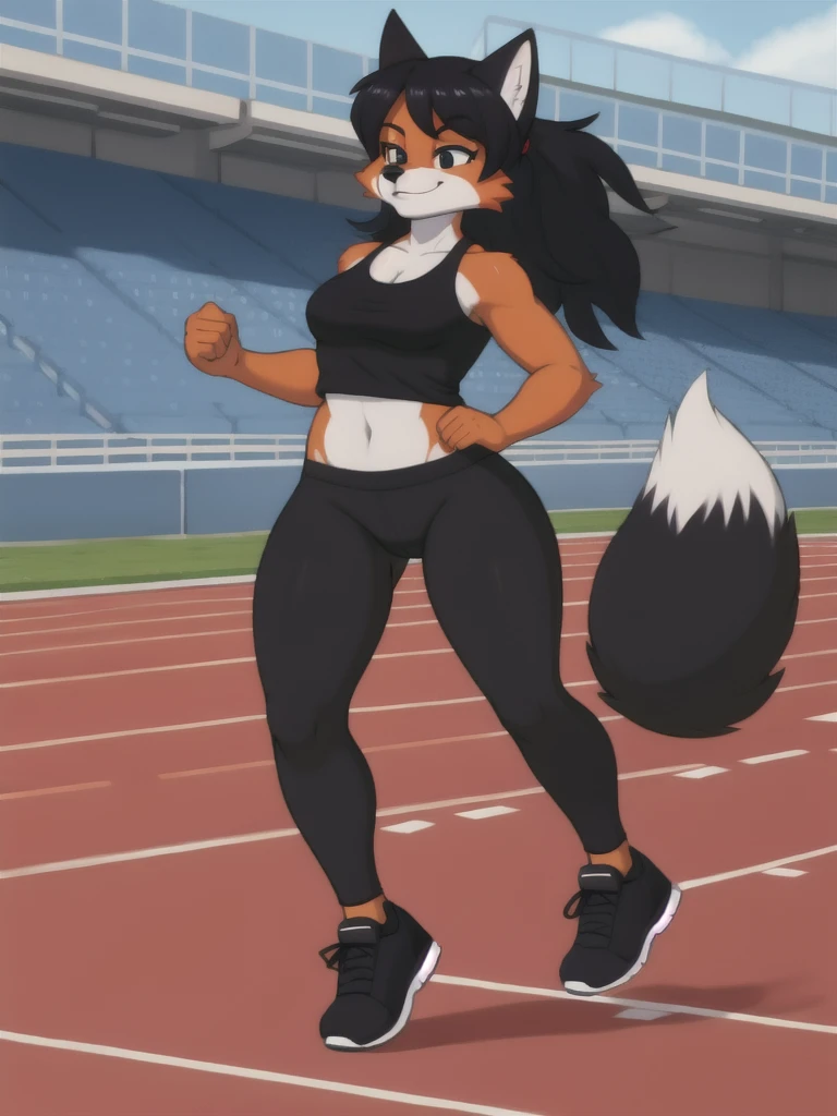 Furry, fox, female, black shirt, black leggings, shoes, running track, solo, full body