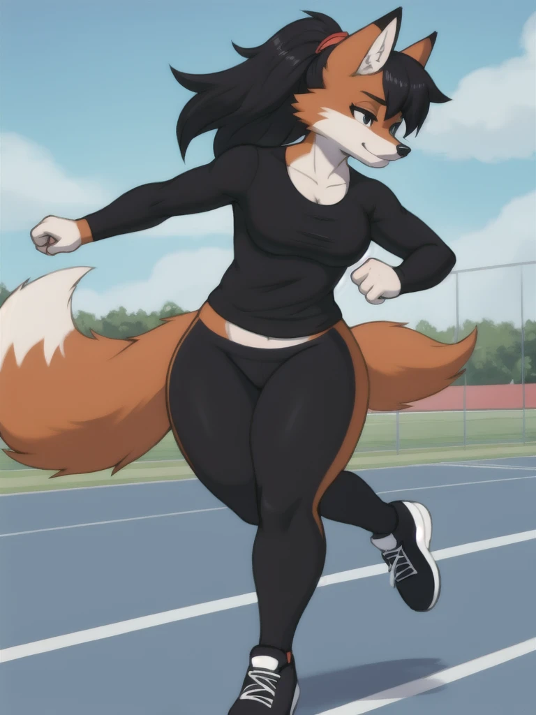 Furry, fox, female, black shirt, black leggings, shoes, running track, solo, full body