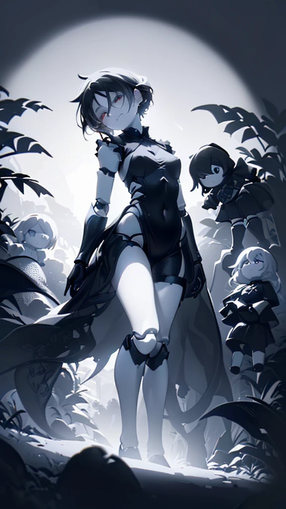 ((((High contrast dark room ambient lighting, dark background))), 1boy, serious, standing, ((doll knees, doll elbows, ((doll joints:1.2, action figure limbs:1.2, segmented body))), [mechanical body], (segmented waist), (doll waist), (black hair, dark black hair over eye:1), long hair cut, pale skin, ((brown eyes)), ((glowing_eyes)), (((ultra detailed eyes:0.7, beautiful and detailed face, detailed eyes:0.9))), ((centered)), (wide shot), facing viewer, (((outdoors, darkness, falling leaves:0.9))), medium breasts, looking at viewer, ((half closed eyes)), ((perfect hands)), (((head:1, arms, hips in view, elbows, thighs, in view))), ((hands at sides)), lively eyes, beautiful lighting, outside, outdoors, background, ((defined subject)), 25 years old, (head tilt), (((cool))), ((lively)), (((high contrast))))