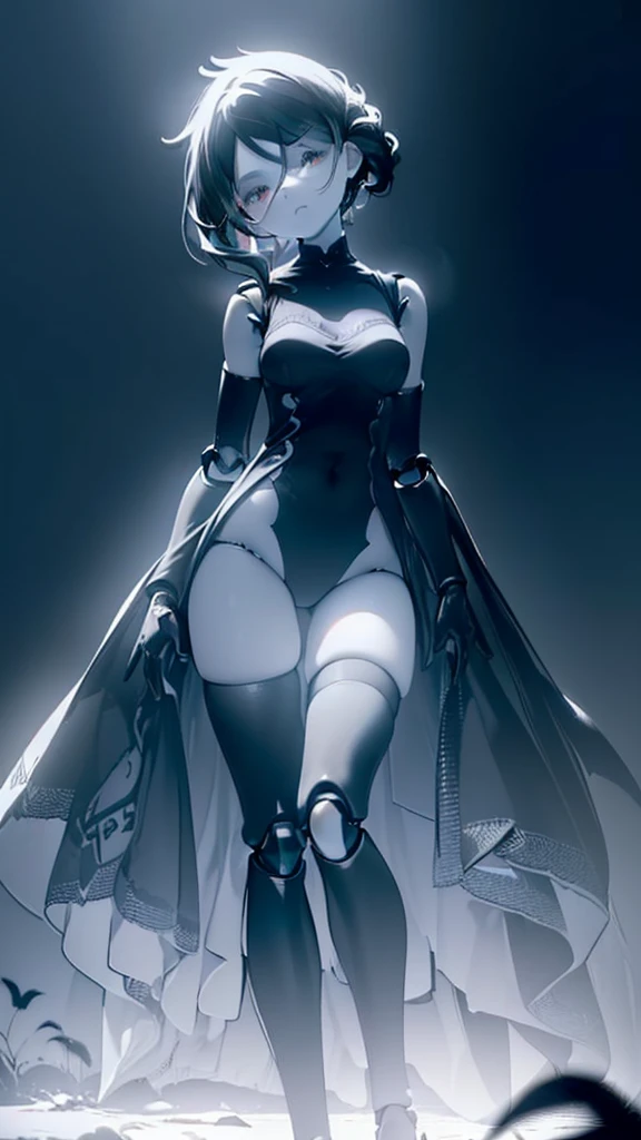 ((((High contrast dark room ambient lighting, dark background))), 1boy, serious, standing, ((doll knees, doll elbows, ((doll joints:1.2, action figure limbs:1.2, segmented body))), [mechanical body], (segmented waist), (doll waist), (black hair, dark black hair over eye:1), long hair cut, pale skin, ((brown eyes)), ((glowing_eyes)), (((ultra detailed eyes:0.7, beautiful and detailed face, detailed eyes:0.9))), ((centered)), (wide shot), facing viewer, (((outdoors, darkness, falling leaves:0.9))), medium breasts, looking at viewer, ((half closed eyes)), ((perfect hands)), (((head:1, arms, hips in view, elbows, thighs, in view))), ((hands at sides)), lively eyes, beautiful lighting, outside, outdoors, background, ((defined subject)), 25 years old, (head tilt), (((cool))), ((lively)), (((high contrast))))