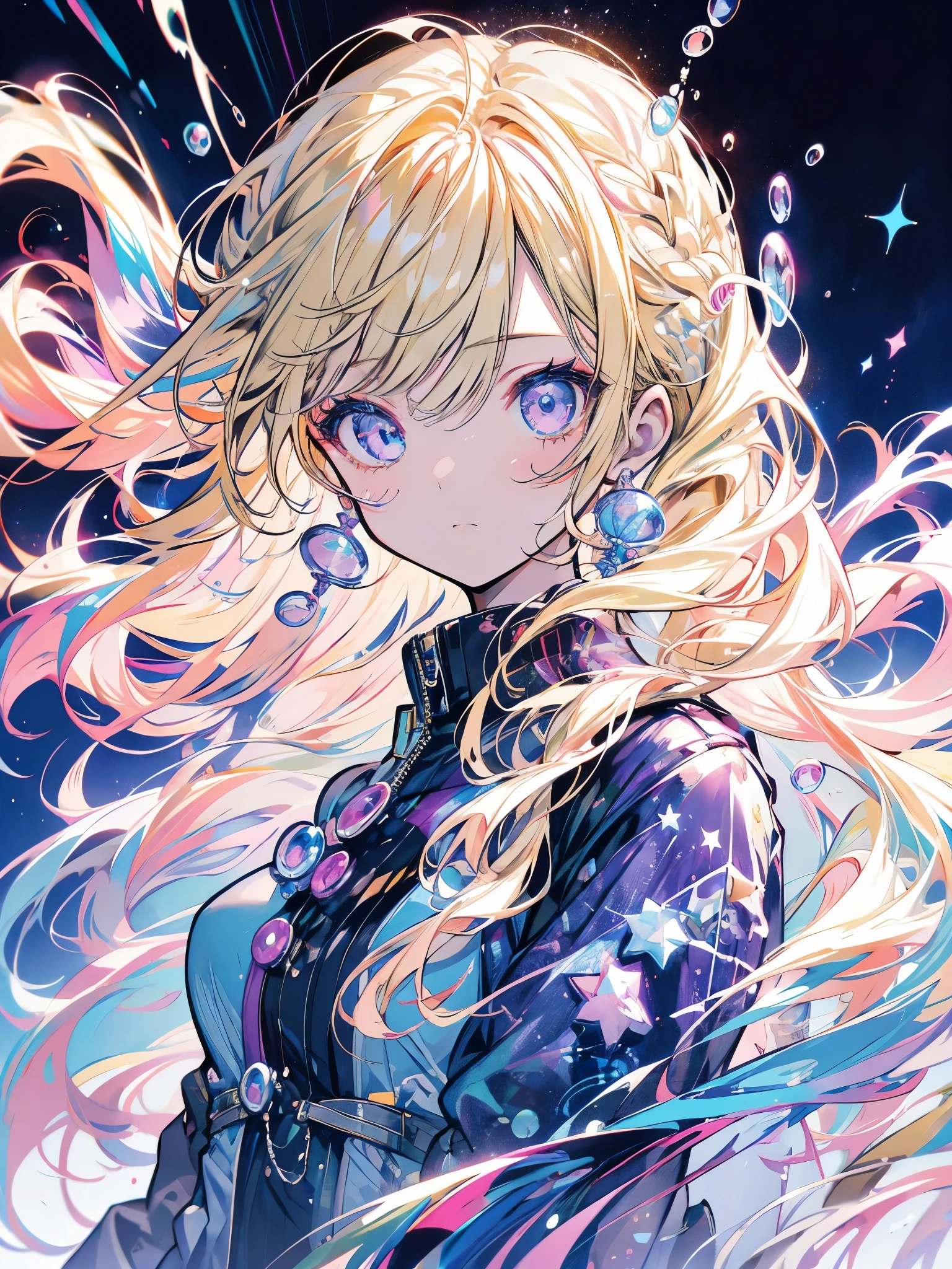  anime-style light blonde hair with violet eyes blowing bubbles under the starry sky