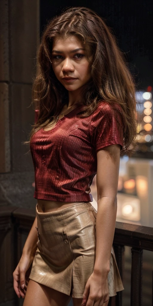 Zendaya, sexy, neckline, upskirt, red marsala blouse, beige skirt, red marsala t-shirt, tight clothes, goosebumps photo, Instagram photo, in New York City, at night, elegant, above view, close up portrait, expressive eyes, focus on eyes, focus on neckline, looking to the viewer