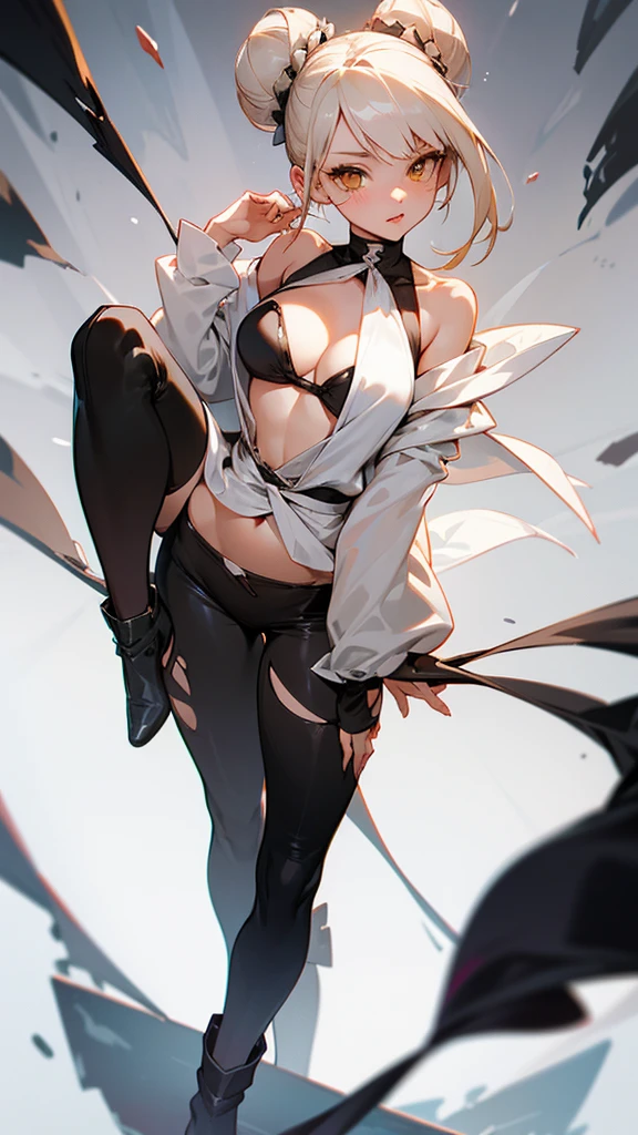 Her clothing is that of a woman., platinum blonde hair but the roots of the hair are black, She has her hair tied up like it was a tomato., just a bola, The right part of the hair is loose while the left remains firm due to the bun., yellow eyes, white tea and tempting lips. She has a black bikini with a very open neckline., as detail, a button on her blouse is broken on her chest, The blouse is white and low-cut and the shoulders are not covered, It has sleeves but they are cut off at the shoulders, white.., It has a thin waist that is pleasing to the eye.., hips and butt very marked by his very, very damaged pants, You have to have many tears and their respective baggy and short black boots.
