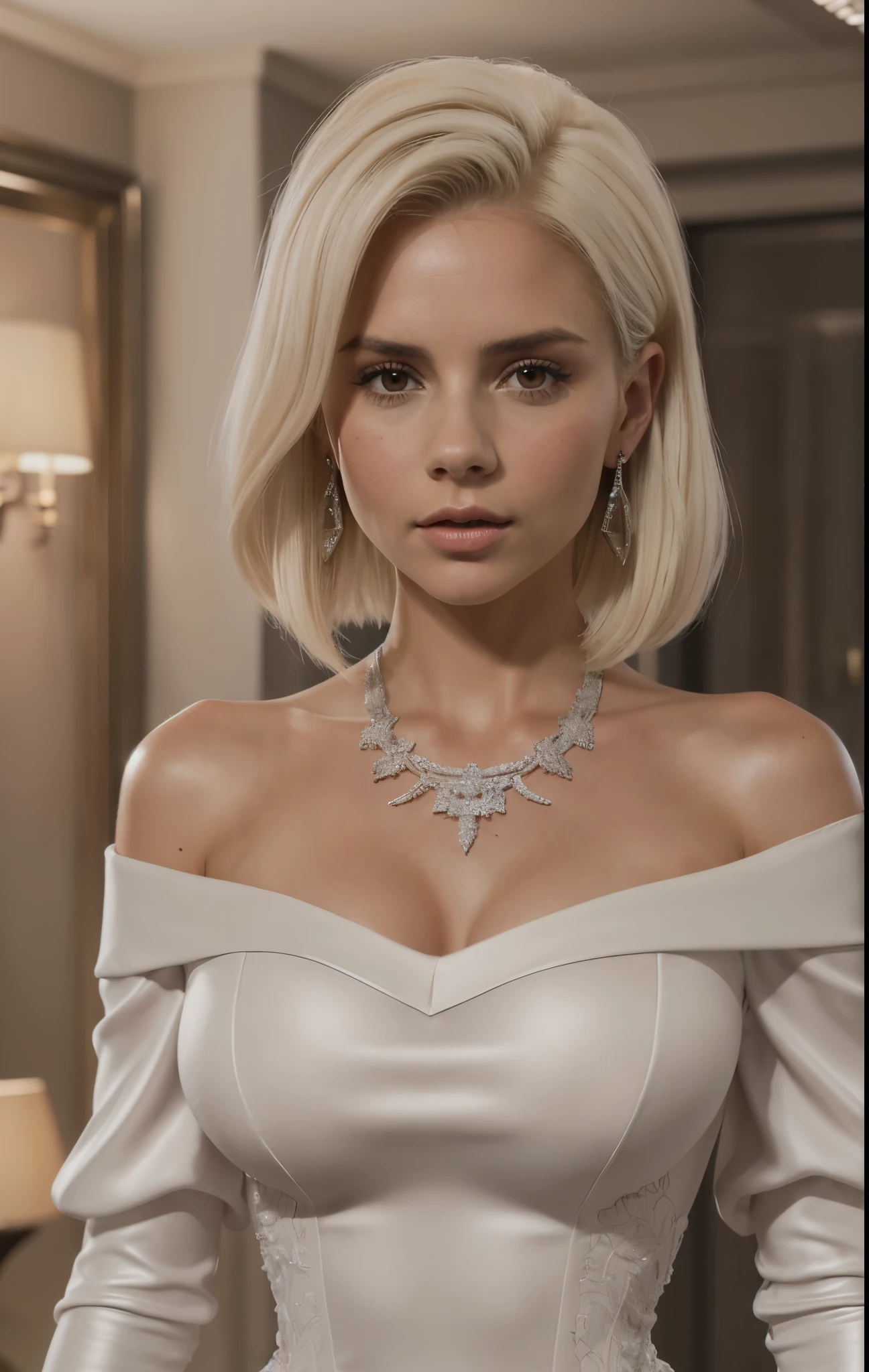 A slender beautiful woman in ballroom, she wears a tight off-the-shoulder white short dress that fits snugly to her body, ((large_breasts)), collarbone, long sleeves, (photorealistic:1.2) (best quality) (intricate details) (8K) (High Poly) (ray tracing) (cinema lighting) (sharp focus) (detailed face), jewelry, necklace, wedding dress, garter, bracelet, earrings, realistic skin textures, (she is 25 years old), [Victoria Beckham], [[Kate Beckinsale]], [Jenna Coleman], ((platinum blonde))
