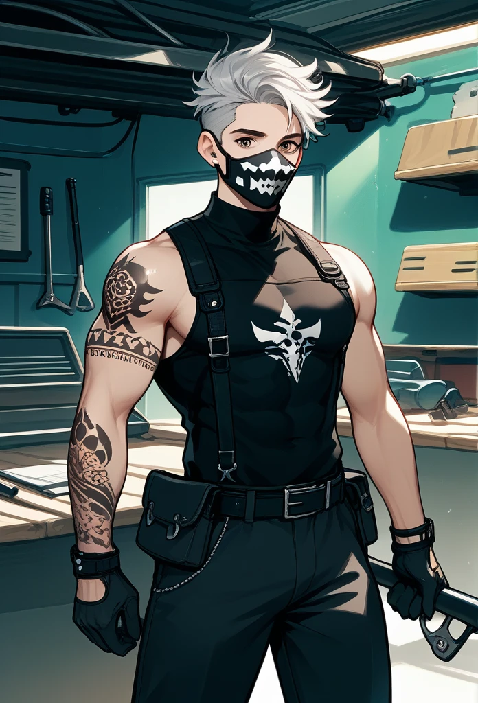 masterpiece, best quality, male, (masked face, full mask, covered face), black visor, white bandana, gray hair, short hair, spiky hair, mature body, muscular body, mechanic pants, tool belt, toolkit belt, workshop, tattoos, covered in tattoos, dragon tattoo, holding hammer