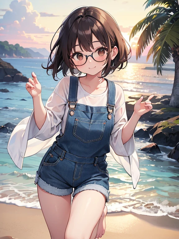 1 female、Brown hair、Brown eyes、Black frame glasses、seductive 、beautiful faces、perfect body。whole body, Best Quality、ultra detailed、8K resolution、photo and grosesa。running on the beach。barefoot, nightgown、denim shorts overalls。, a smile。