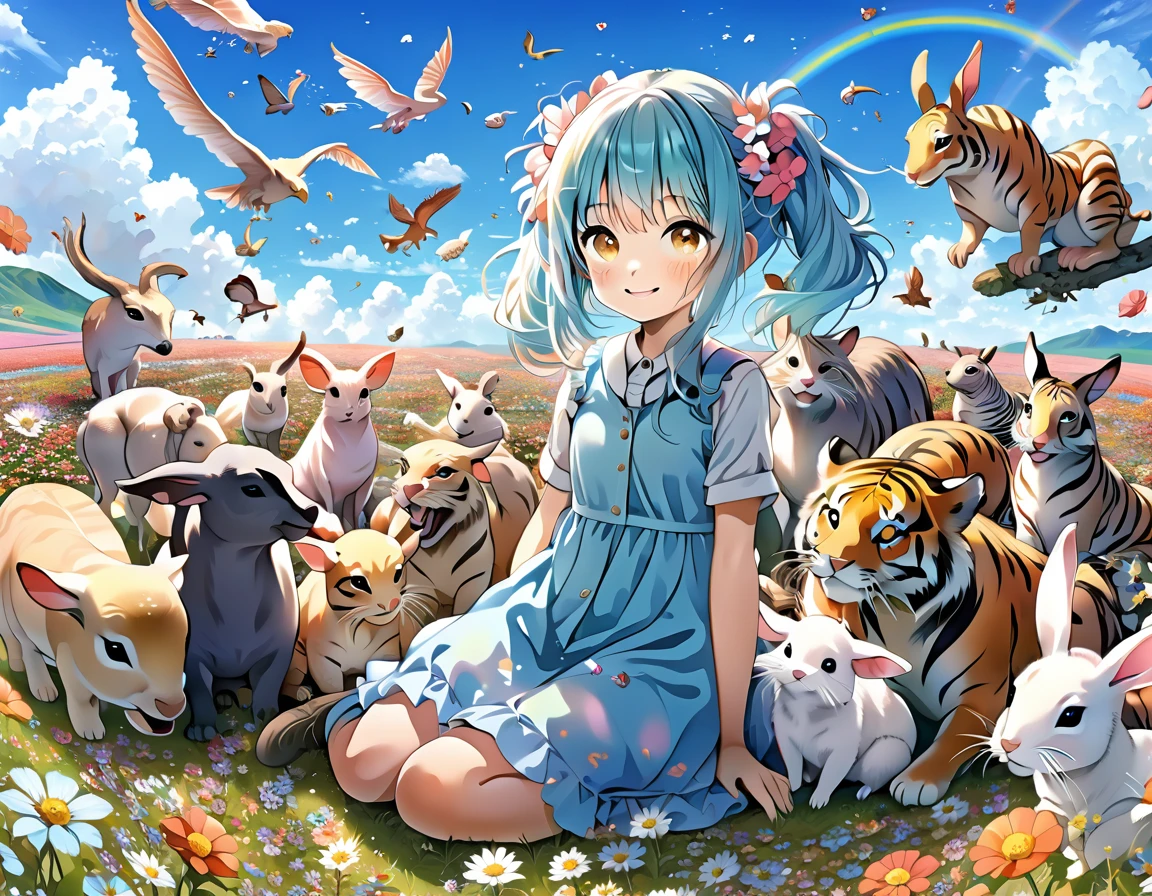 Anime girl sitting surrounded by animals in a flower field, Light blue long hair、Twin tails 、dragonが空を舞う、Bright smile、Tiger　dragon　mouse or rat　ox　Rabbit　snake　sheep　dog　pig　monkey　bird　horse　Anime fantasy illustration, 