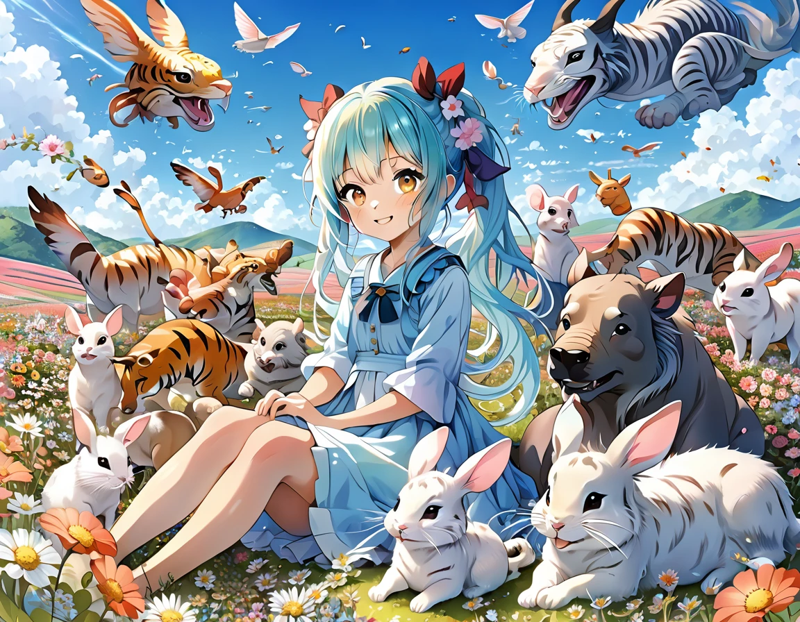 Anime girl sitting surrounded by animals in a flower field, Light blue long hair、Twin tails 、dragonが空を舞う、Bright smile、Tiger　dragon　mouse or rat　ox　Rabbit　snake　sheep　dog　pig　monkey　bird　horse　Anime fantasy illustration, 