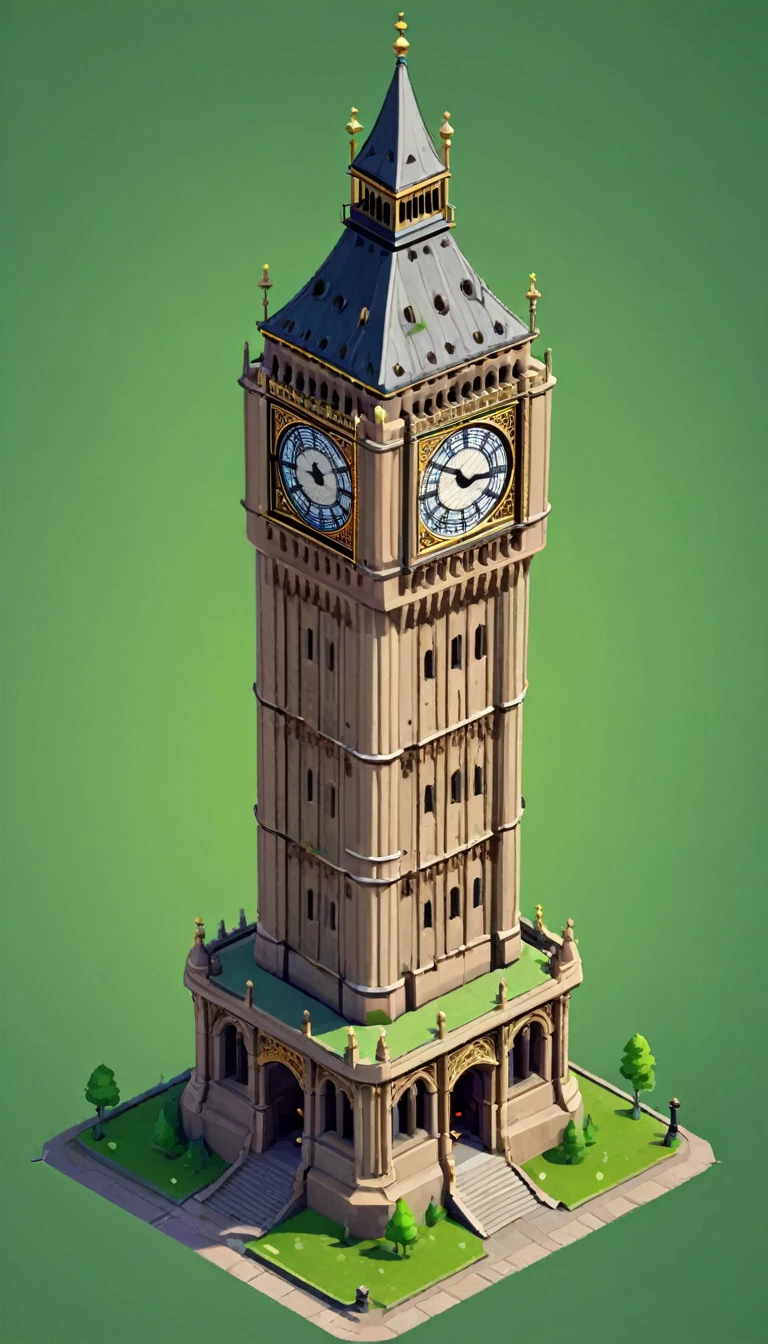 Isometric Model,big ben,Big Ben,Huge sign，green background,Game architecture design,Cartoon,casual game style, Game assets,Isometric,2d,Game Art