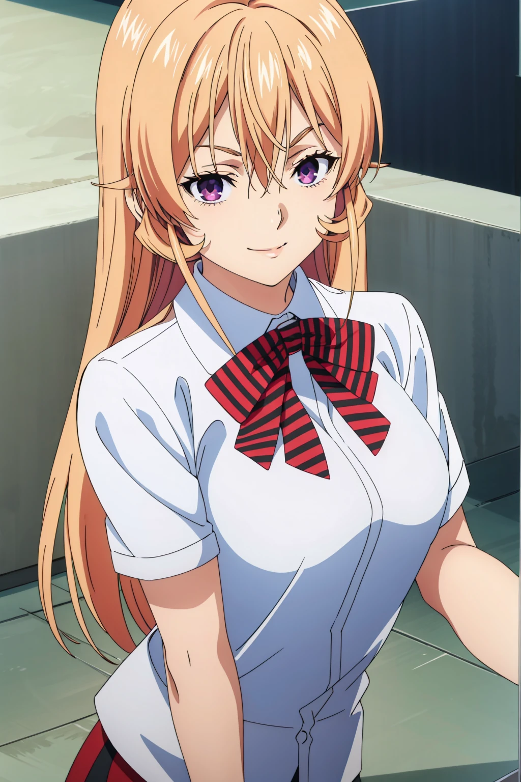  tall body, tall, long legs, mature female, mature, adult, Erina_Prodigy, 1girl, solo, purple eyes, long hair, smile, looking at viewer, , blonde hair, bow, shirt, upper body, white shirt, striped, striped bow, bowtie, breasts, hair between eyes, short sleeves, closed mouth, large breasts, collared shirt, bangs, red bow, striped bowtie