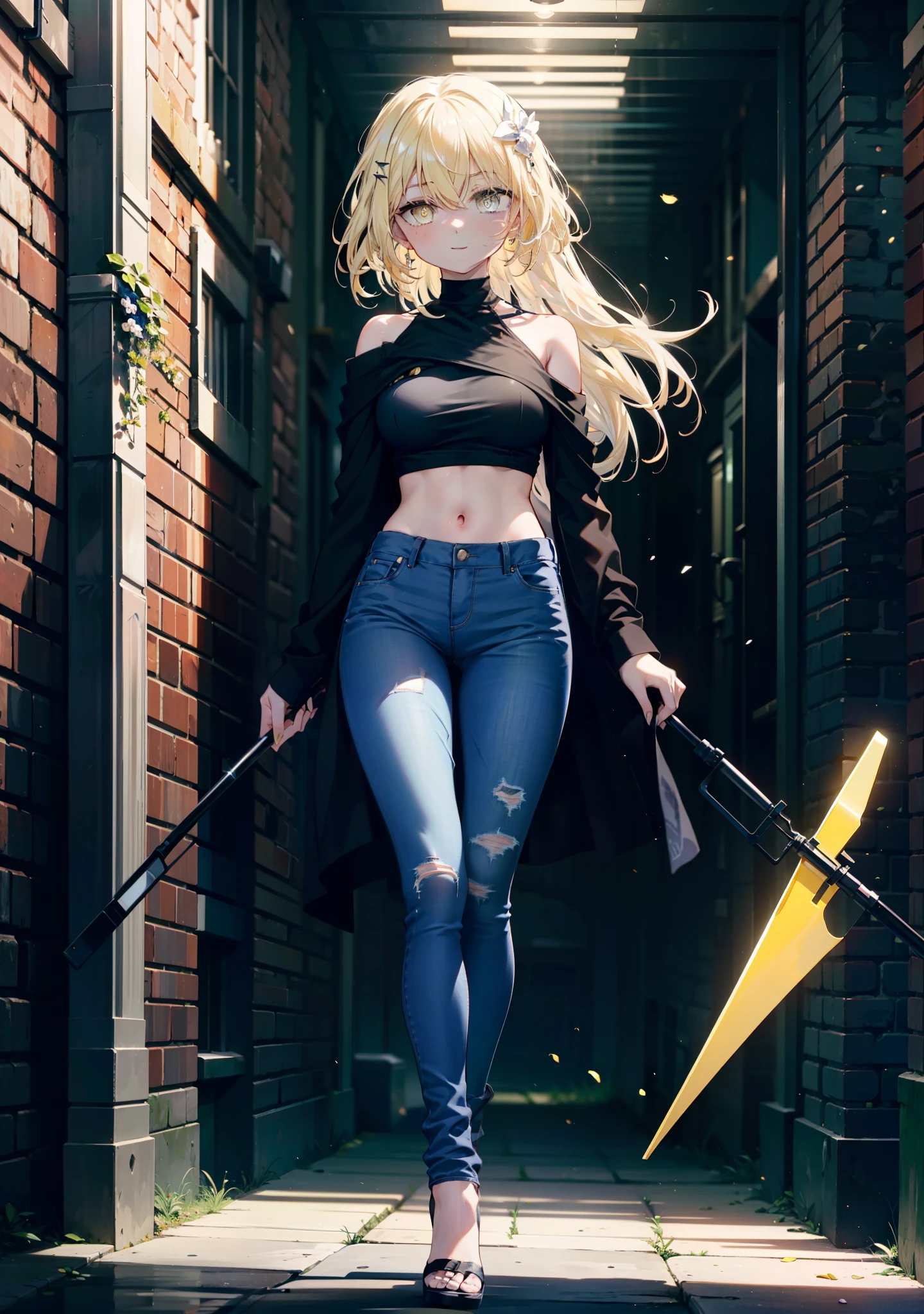 アイスWallenstein, Wallenstein, blonde, Hair between the eyes, Baseball hats, Long Hair, (Yellow Eyes:1.5),happy smile, smile, Shut your mouth.,smile,blush,Oversized blue one-shoulder shirt,Short sleeve,Skinny jeans,Stiletto heels,whole bodyがイラストに入るように,Walking,Daytime,Clear skies,　　　　　　　　　　　　　break looking at viewer,whole body, (Cowboy Shot:1. 5)　　　　　　　　　　break outdoors,Building district, 　　　　　　　　　　　break (masterpiece:1.2), Highest quality, High resolution, unity 8k wallpaper, (shape:0.8), (Beautiful and beautiful eyes:1.6), Highly detailed face, Perfect lighting, Extremely detailed CG, (Perfect hands, Perfect Anatomy),