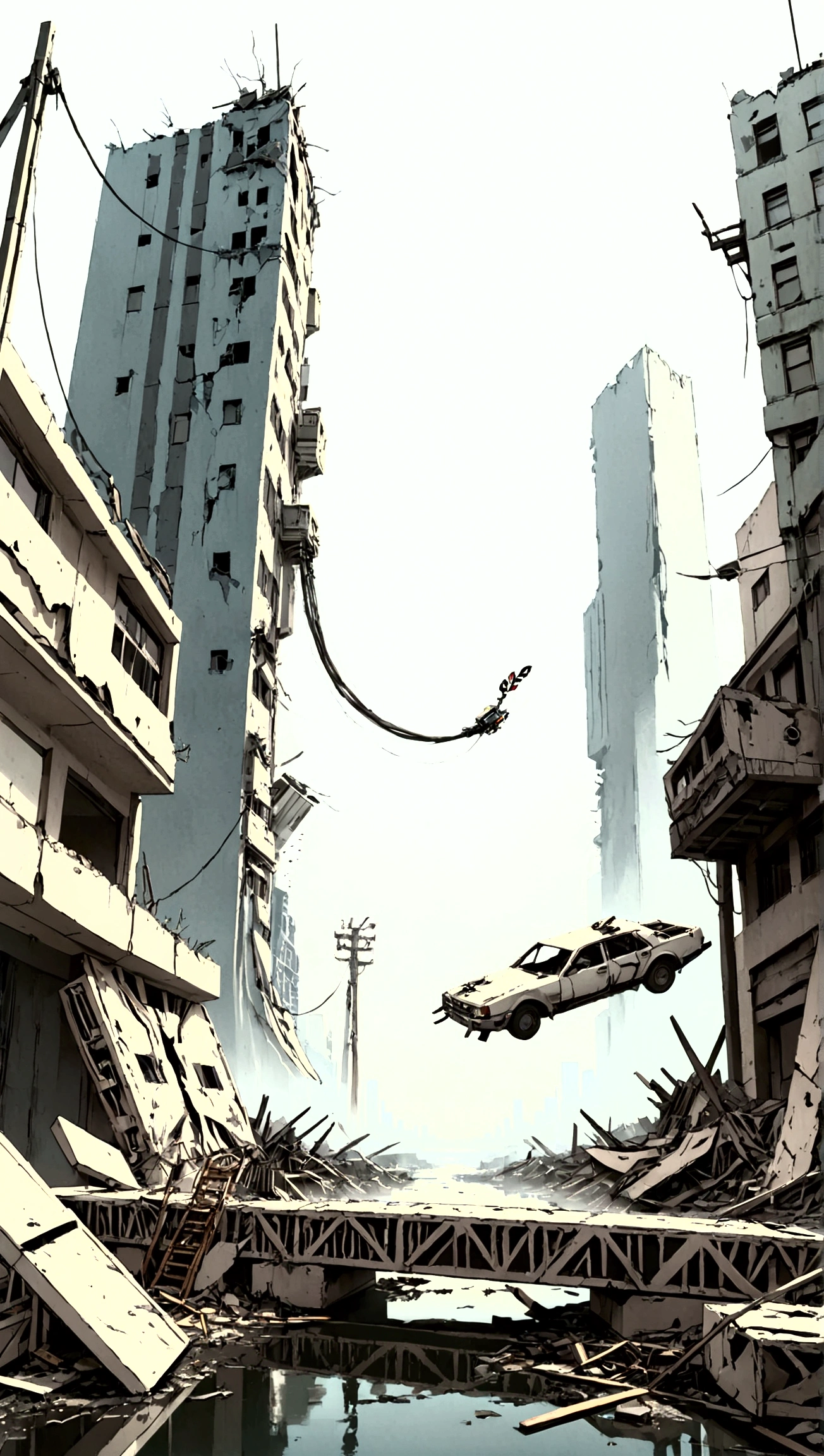 Collapsing Japanese cities,Floating Debris, Beautiful attention to detail, Beautiful lip detail, Very detailed目と顔, Long eyelashes, , Ruined cityscape, Post-apocalyptic, Very detailed, 4K, 8k, Realistic, Cinema Lighting, Dramatic colors, Calm Tones, Grainy, Dystopia, sf, Concept Art