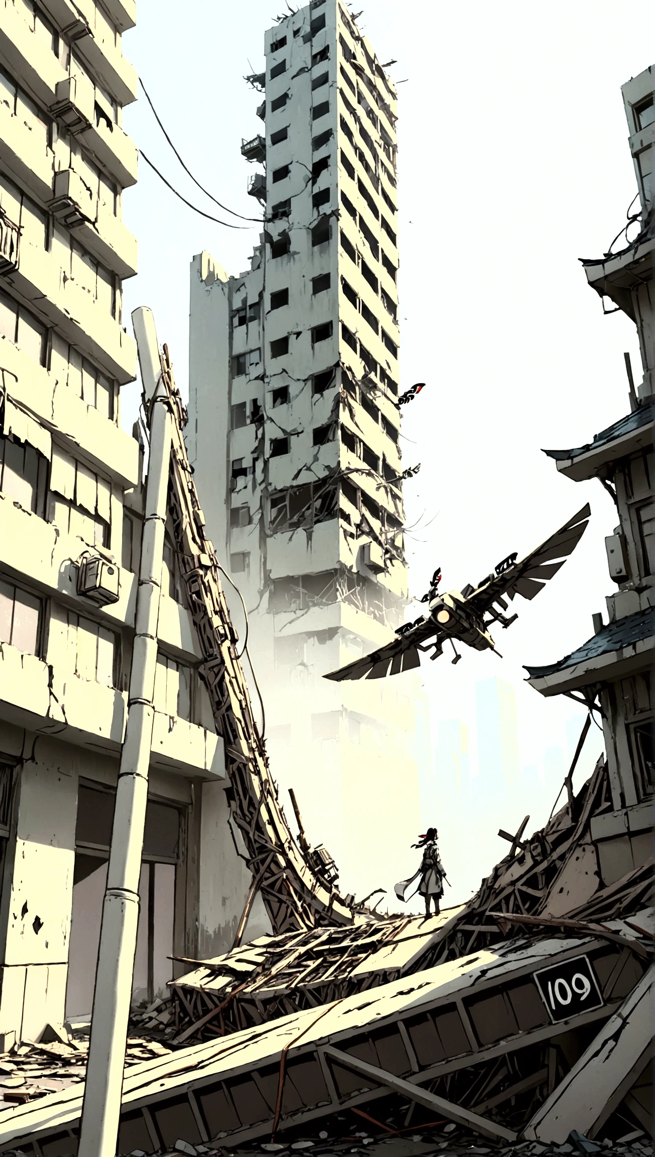 Collapsing Japanese cities,Floating Debris, Beautiful attention to detail, Beautiful lip detail, Very detailed目と顔, Long eyelashes, , Ruined cityscape, Post-apocalyptic, Very detailed, 4K, 8k, Realistic, Cinema Lighting, Dramatic colors, Calm Tones, Grainy, Dystopia, sf, Concept Art