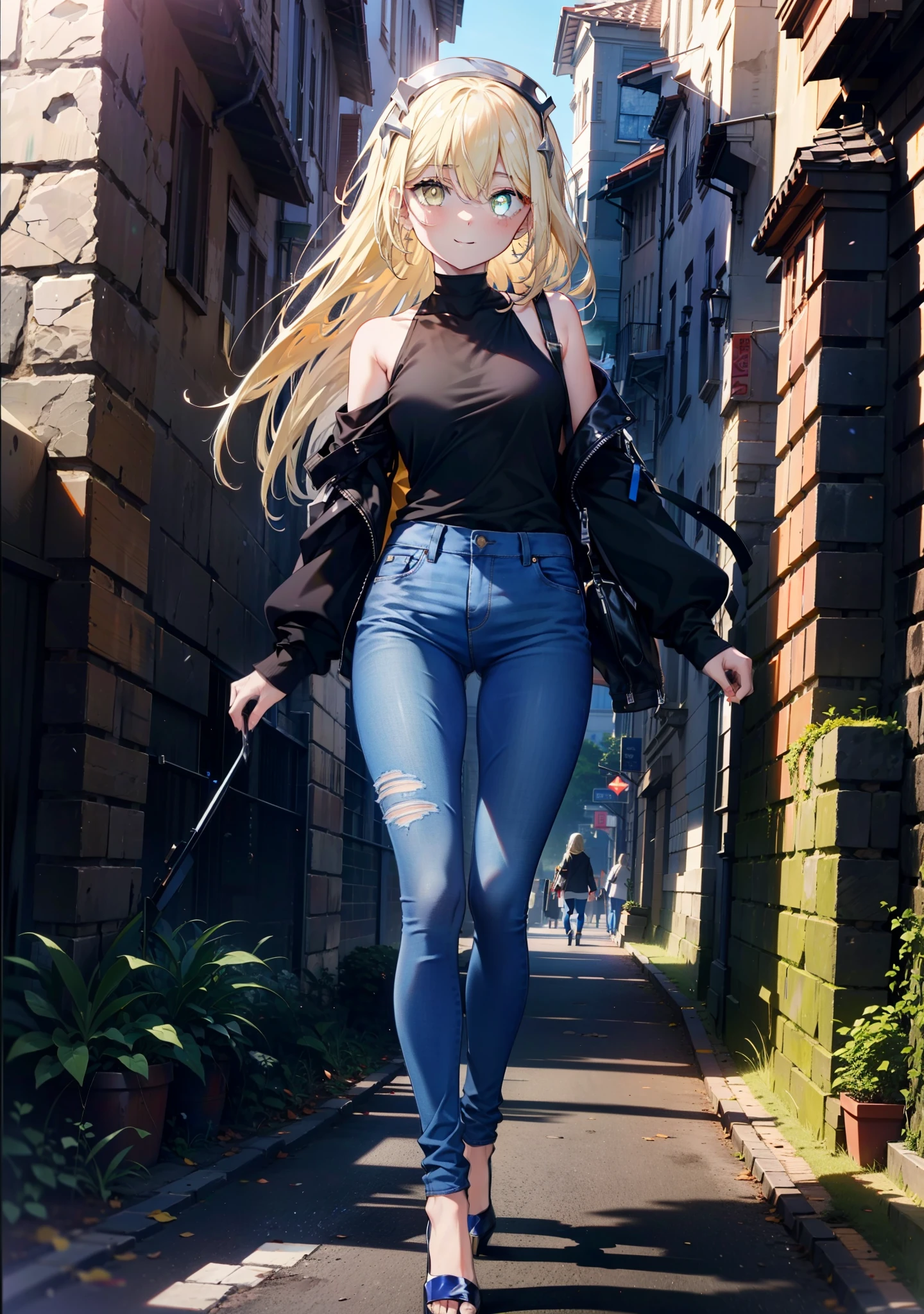 アイスWallenstein, Wallenstein, blonde, Hair between the eyes, hair band, Long Hair, (Yellow Eyes:1.5),happy smile, smile, Shut your mouth.,smile,blush,Oversized blue one-shoulder shirt,Skinny jeans,Stiletto heels,whole bodyがイラストに入るように,Walking,Daytime,Clear skies,　　　　　　　　　　　　　break looking at viewer,whole body,　　　　　　　　　　break outdoors,Building district, 　　　　　　　　　　　break (masterpiece:1.2), Highest quality, High resolution, unity 8k wallpaper, (shape:0.8), (Beautiful and beautiful eyes:1.6), Highly detailed face, Perfect lighting, Extremely detailed CG, (Perfect hands, Perfect Anatomy),