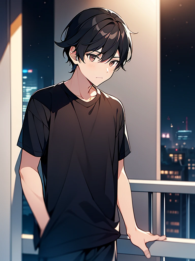  a  boy standing on balcony, black hair,brown eyes, wearing black T-shirt & black pant, thinking something and confused, dark grey night, stars at the night sky, frontview. Anime. 