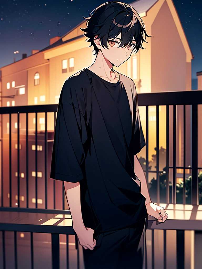 a teen boy standing on balcony, black hair,brown eyes, wearing black T-shirt & black pant, thinking something and confused, dark grey night, stars at the night sky, frontview. Anime.