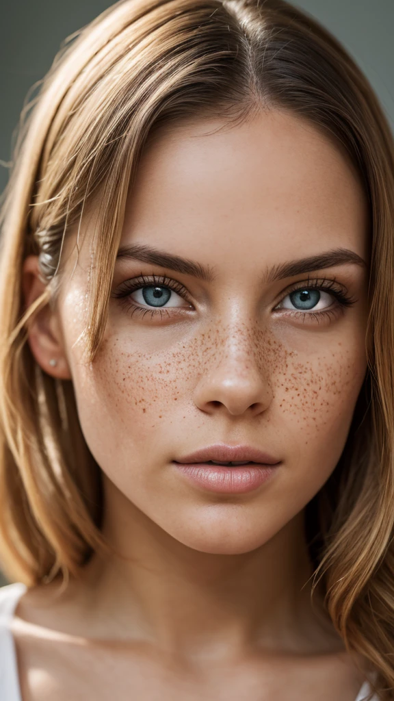An exquisite portrait of an extremely albino woman with freckles, extremely beautiful and thin, sensualizing, photography captured in stunning 8k resolution and raw format to preserve the highest quality of details. The beauty of women is undeniable, her face commanding the frame in a close-up that reveals the intricate details of her large, bright, light blue eyes, that complements your radiant skin, and her eyes are portrayed with meticulous attention to detail, showing the captivating depth within. The photograph is taken with a lens that emphasizes the challenge of your gaze, environment that highlights the soft colors of the scene. Lighting and shadows are expertly crafted to highlight the richness of your skin tone and the subtle nuances of your features.. Her curly blonde hair is highly detailed strand by strand, with its distinct tone, adds a touch of warmth and contrast against your skin. The interior ambiance adds a sense of intimacy, while the freckles on your skin. The overall composition captures its essence with authenticity and grace, creating a portrait that is a celebration of your heritage and beauty. Photography by challenge512, using the best shadow and lighting techniques, to create a mesmerizing portrait that transcends the visual,
ultra-realistic image, perfect symmetry, vibrant and clear, dynamic view, high level of detail and definition, 1200 PPI - Photographic resolution with greater color realism, hyperrealisti, high fidelity, cinematic, 8K UHD image resolution.