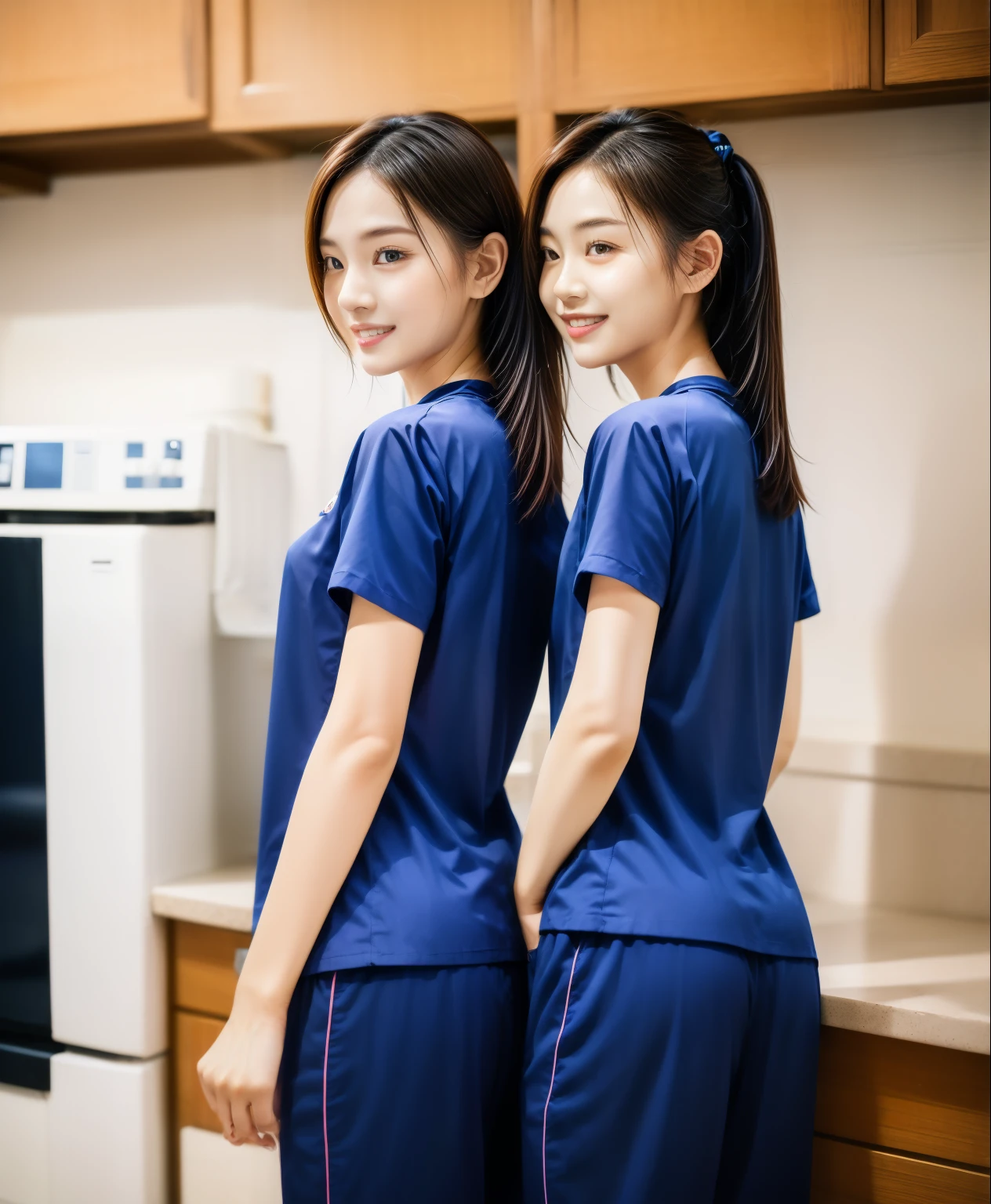 (best quality,10,10,height,Masterpiece:1.2),Special details,(realistic,ภาพrealistic,Realistic photos:1.37),1 Cute girl in the kitchen,shiny, ผิวshiny,only,smile softly,BDclothelue shirt:1.3)),short sleeve,shirt, กางเกงขาlong.,(navy_long_track pants:1.1), ((Kitchen Background)),Dynamic angle,excited,Face focus,dynamic poses,from behind,focus on ass,Masterpiece, best quality, ultra realistic, hyper detail, 8k resolution, raw photos, Sharp focus, ((Navy blue shirt:1.1)), short sleeve, เส้นทางlong, perfect body, 2 mature women, 18 years old, Cinema-grade lighting system,blue sweatpants,shirtผ้าออกกำลังกาย,correct anatomy,perfect body, correct body, Sharp face, correct bodyทางกายวิภาค, full body, realistic gestures, long-haired, realistic poses,Wear long shorts...........................,ช่วงขาlong,Good shape,carved girl, Slender figure, model, Good shape, beautiful body,blue sweatpants, two girls kissing