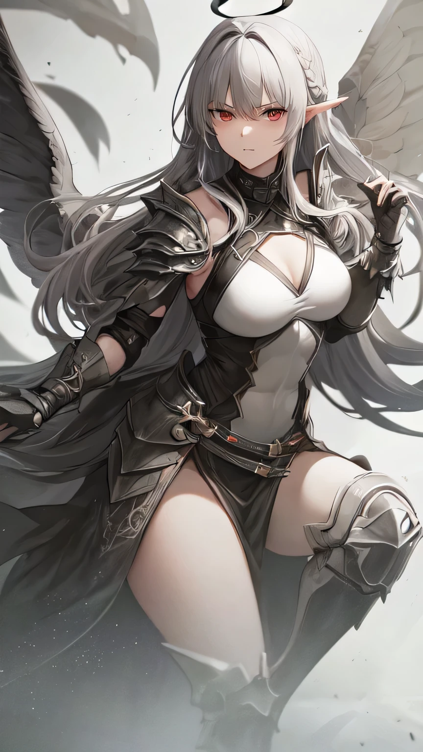 masterpiece, high quality, 4K, HDR,, A female knight wearing an armored dress BREAK Black halo above head, black horns on head, black dragon tail growing, large black wings on back BREAK Silver hair in an updo hairstyle with blunt bangs, long hair, disgruntled expression, crimson eyes, narrowed eyes, sharp teeth, slightly pointed ears, slightly open mouth BREAK Athletic, toned body, medium breasts BREAK Standing in a dramatic pose against a dark, ominous background