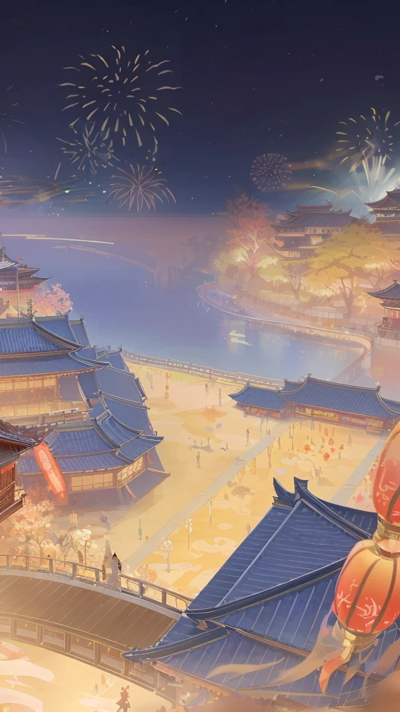 Anime scene with a woman in kimono and fireworks in the background, 受吉田半兵卫启发的Concept Art, Pixiv competition winner, Concept Art, Onmyoji detailed art, 传统日本Concept Art, Colorful Fox City, Background artwork, 动漫风景Concept Art, Beautiful rendering of the Tang Dynasty, Onmyoji, A beautiful artistic illustration