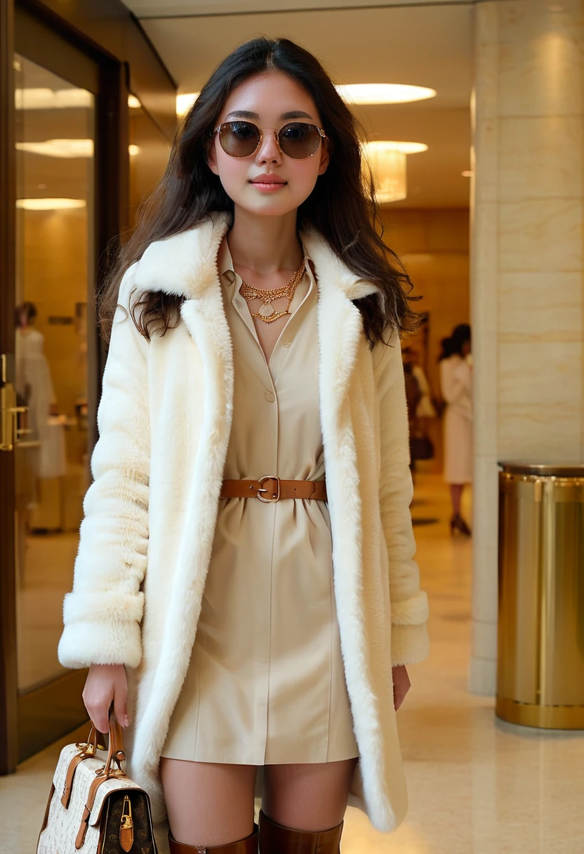 [[highly detailed face]], [[goddess face]], full body shot, 70s, young woman, calm pose, college girl, wearing a fluffy white coat, beige minidress, and knee-high beige boots, brown sunglasses, gold necklaces, , long black hair, stepping out of a luxury hotel lobby entrance, carrying a Louis Vuitton luggage, high quality images, unreal engine, perfect skin texture, goddess face, photo depth of field, shadows, grainy, seductive analog lofi (by Oleg Oprisco Laura Makabresku),
