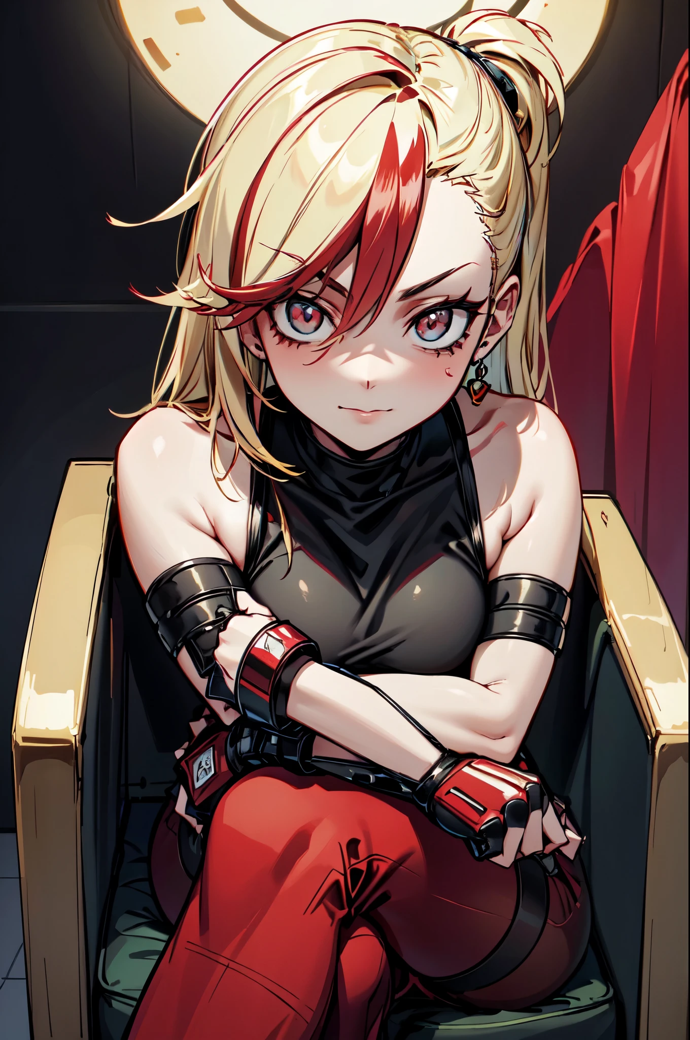 (masterpiece, best quality:1.2), red glowing eyes, red eyes, the eyes are red, perfect face, strong make up, highres, 1 girl, ultra long ponytail, (female:1.5), strife, blonde hair streaked with lots of red highlights, two colors hair (blond and red), hight flame mistress outfit, shoulder armor, sleeveless turtleneck, suspenders, belt, gloves, bracer pre potent smile, crossing legs, crossing arms , evil smile, evil pose, sitting, portrait, looking at viewer,  Her hair is streaked with lots red and blonde highlights, moon tribal tattoo.