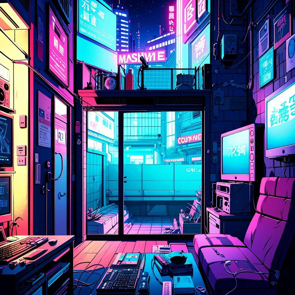 (From the back)、Anime girl sitting in front of a computer in a cozy bedroom、Girl listening to music in a cozy room(night)、You are using headphones、rooftop、(窓からの美しいnight景)、lots of things、2D Anime Style、90s anime aesthetic、Lo-Fi、Very detailed、hard disk、A mix of anime style and Fujifilm、Surreal、8k、masterpiece