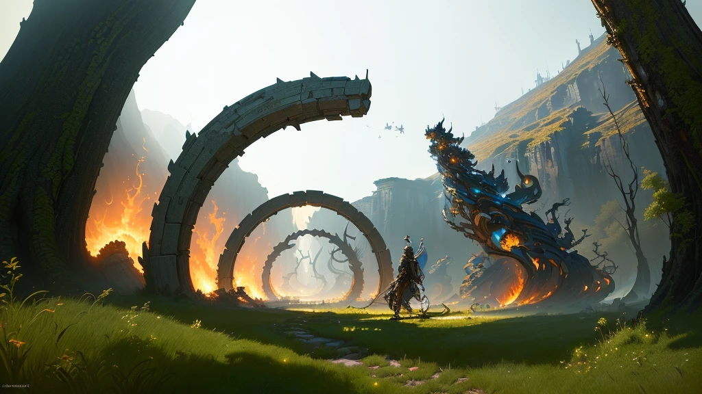 masterpiece, best quality, (extremely detailed CG unity 8k wallpaper), (best quality), (best illustration), (best shadow), absurdres, realistic lighting, (Abyss), beautiful detailed glow, art by PeterMohrBacher, fire, firey rings,