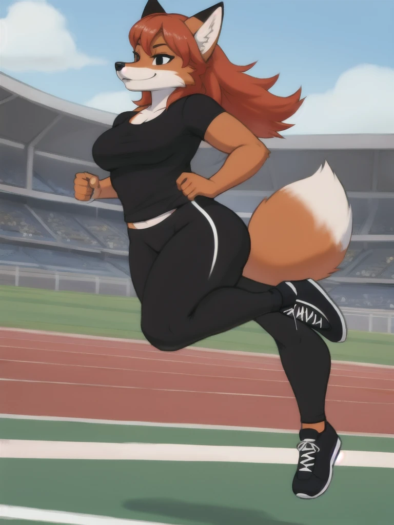 Furry, fox, female, black shirt, black leggings, shoes, running track, solo, full body