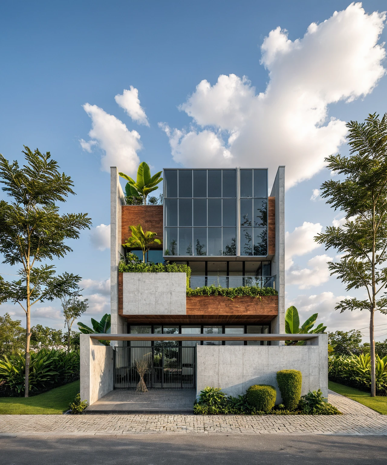 Masterpiece, high quality, best quality, authentic, super detail, outdoors, onestoreyvillaXL, aiaigroup, house style modern on the street ,stairs, white wall ,road,pavement, grass, trees, sky, cloud, (daylight:1.1)
