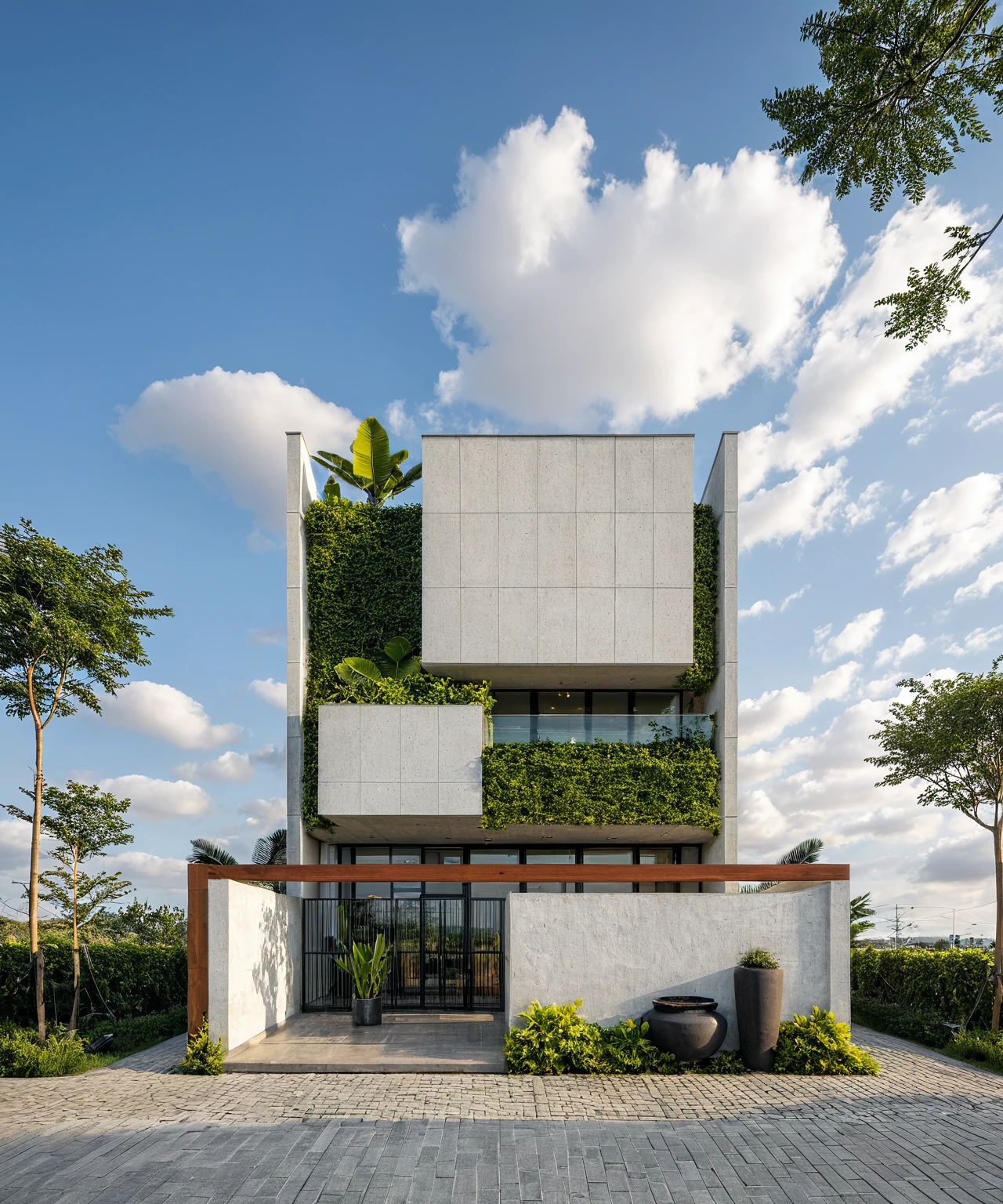 Masterpiece, high quality, best quality, authentic, super detail, outdoors, onestoreyvillaXL, aiaigroup, house style modern on the street ,stairs, white wall ,road,pavement, grass, trees, sky, cloud, (daylight:1.1)