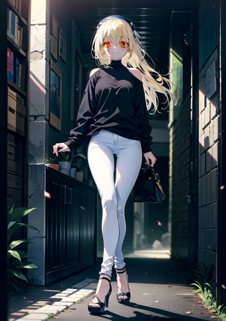 アイスWallenstein, Wallenstein, blonde, Hair between the eyes, hair band, Long Hair, (Yellow Eyes:1.5),happy smile, smile, Shut your mouth.,smile,blush,Oversized blue one-shoulder shirt,Skinny jeans,Stiletto heels,whole bodyがイラストに入るように,Walking,Daytime,Clear skies, break looking at viewer,whole body, break outdoors,Building district, break (masterpiece:1.2), Highest quality, High resolution, unity 8k wallpaper, (shape:0.8), (Beautiful and beautiful eyes:1.6), Highly detailed face, Perfect lighting, Extremely detailed CG, (Perfect hands, Perfect Anatomy),